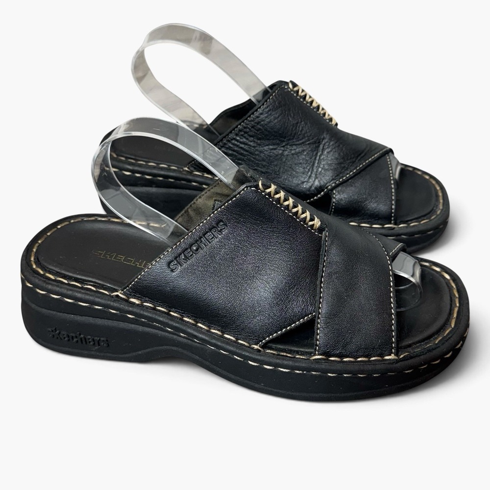 Vintage Y2K Skechers Black Leather Chunky Platform Slide Sandals Size 6 Grunge
